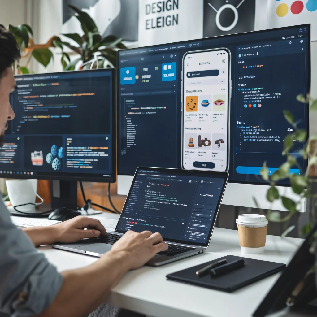 A developer working on multiple screens at a website development company in Vadodara, building modern and responsive websites